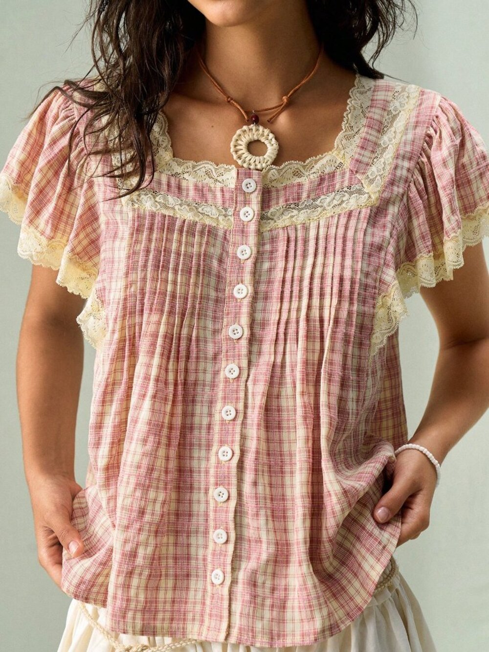 Baby Pink Casual Women's Collar Button-Up Floral Lace Ruffle Sleeve Blouse - Picture 4 of 9